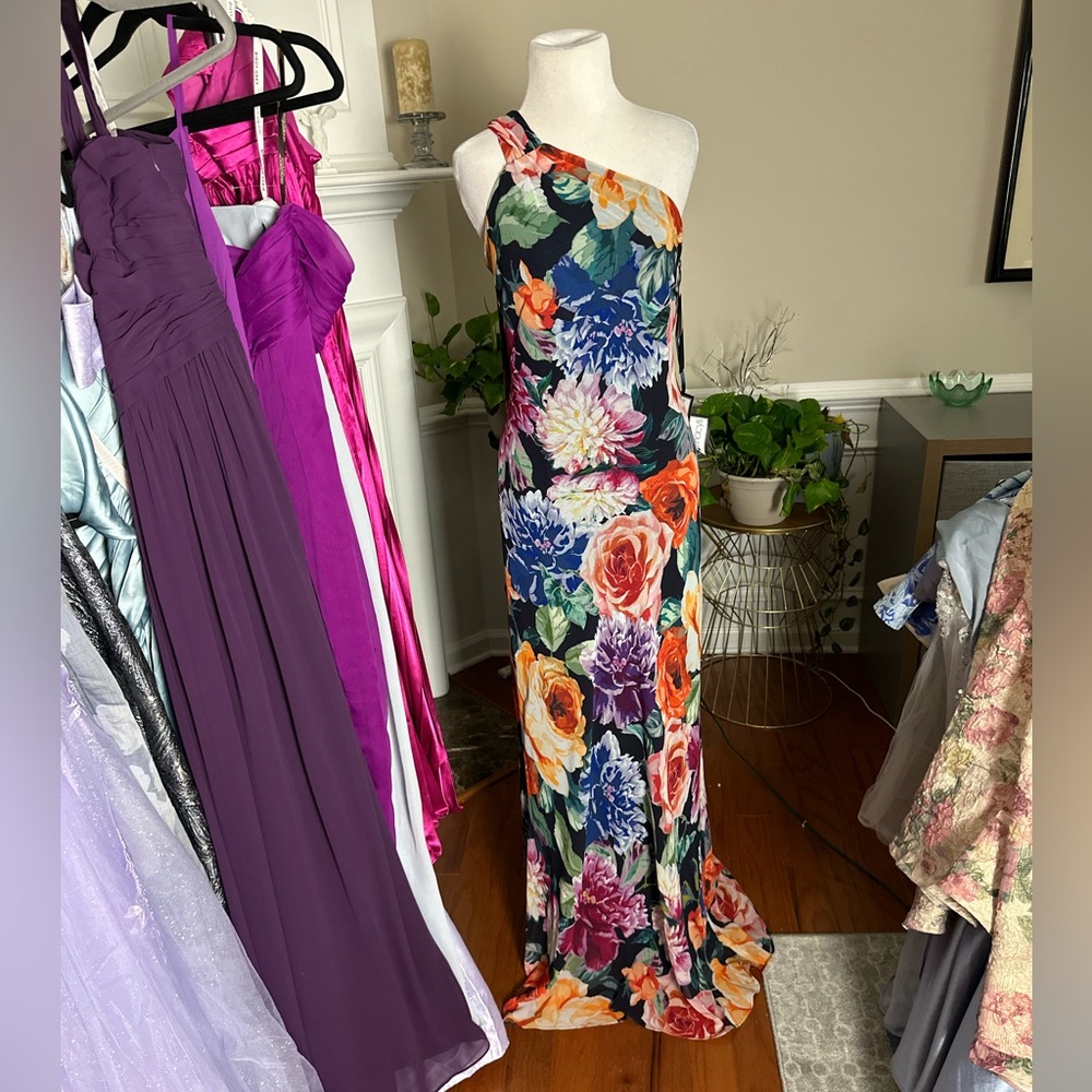 NWT One-Shoulder Floral Maxi Xscape Dress in Multicolors draped shoulder